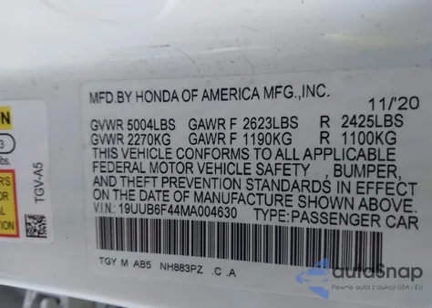 2021 Acura Tlx Technology Package z USA, uszkodzony, nr VIN 19UUB6F44MA004630